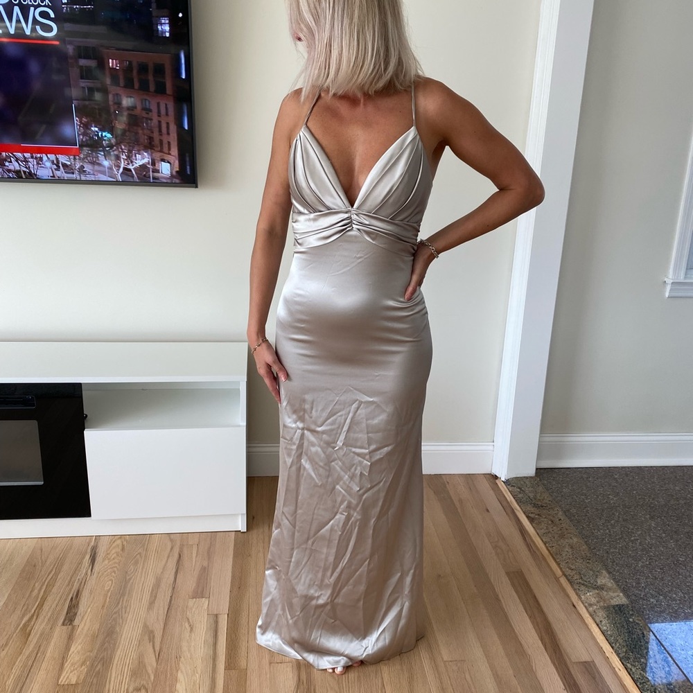 Silver satin lace up back gown